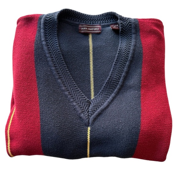 Vintage 90s Color Block Sweater Size XL Striped Navy Red V-neck Preppy Rugby - Picture 8 of 9